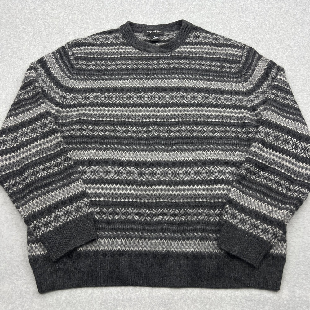 Grayson & Dunn Sweater Men's Large Gray Striped 100% Cashmere Long‎ Sleeve Crew